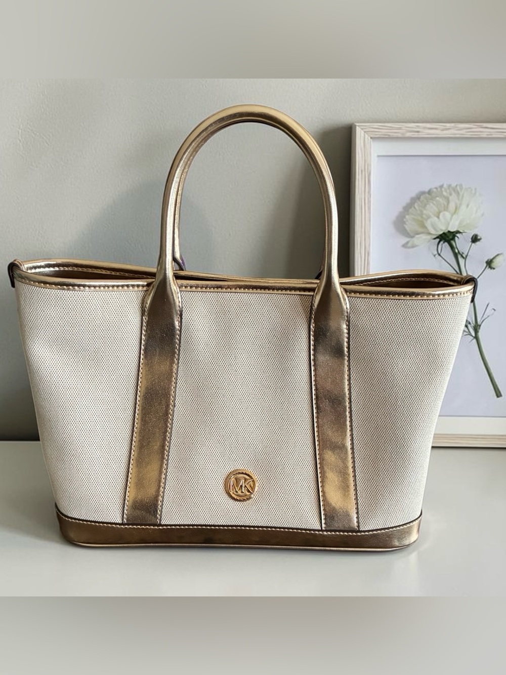 Michael Kors Cream Canvas Tote with Metallic Gold Accents